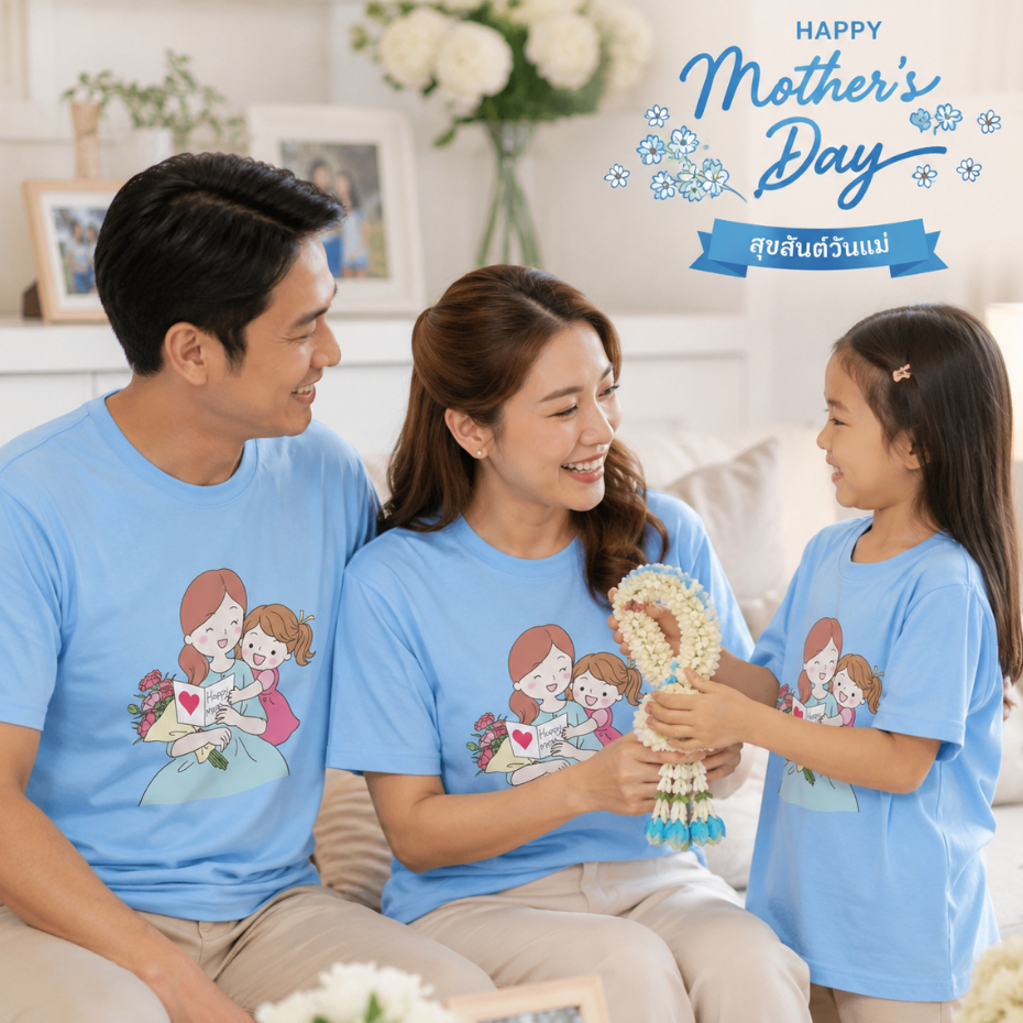 เสื้อวันแม่ สีฟ้า ของขวัญวันแม่ ลายแม่ลูก I Love Mom งานไทย พร้อมส่ง เนื้อผ้านุ่มใส่สบาย ไม่ยับง่าย