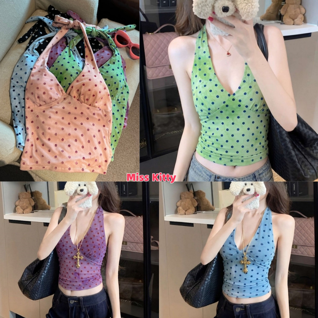 Miss Kitty สายคล้องคอ คอวี ลายจุด ปรับรูปร่างให้ดูผอม สีสันสดใส ใส่สบายไม่ร้อน-FY5156