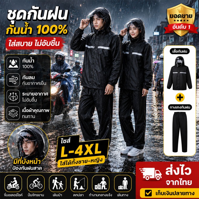 💦ส่งภายใน12ชม💦เสื้อกันฝน ใส่ได้ทั้งชายหญิง มีแถบสะท้อนแส กันลมและกันฝนได้ 100% L-4XL Raincoat suit