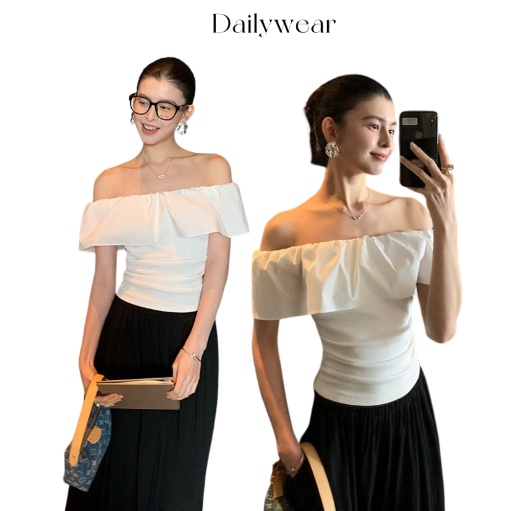 Dailywear พร้อมส่ง ✨เสื้อยืดสีขาวแขนสั้นฤดูร้อน ดีไซน์ไหล่เปิด มีลายใบตอง รัดเอวสไตล์ฝรั่งเศส