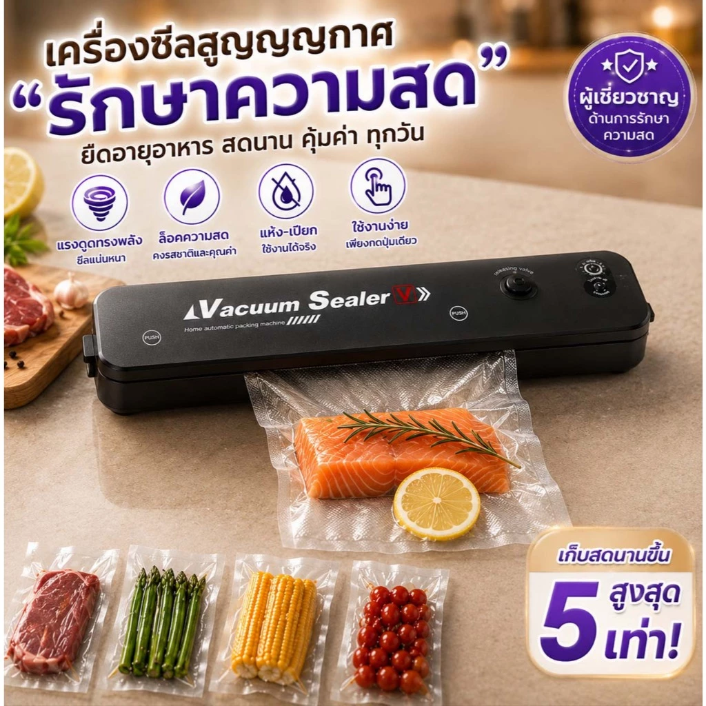 [ส่งจากไทย] 🍱เครื่องซีลสูญญากาศ เครื่องแพ็คสูญญากาศ ซีลถุงอาหารแห้ง/เปียก ดูดแรง อัตโนมัติ ถนอมอาหารสดนาน พร้อมส่งทันที🚀