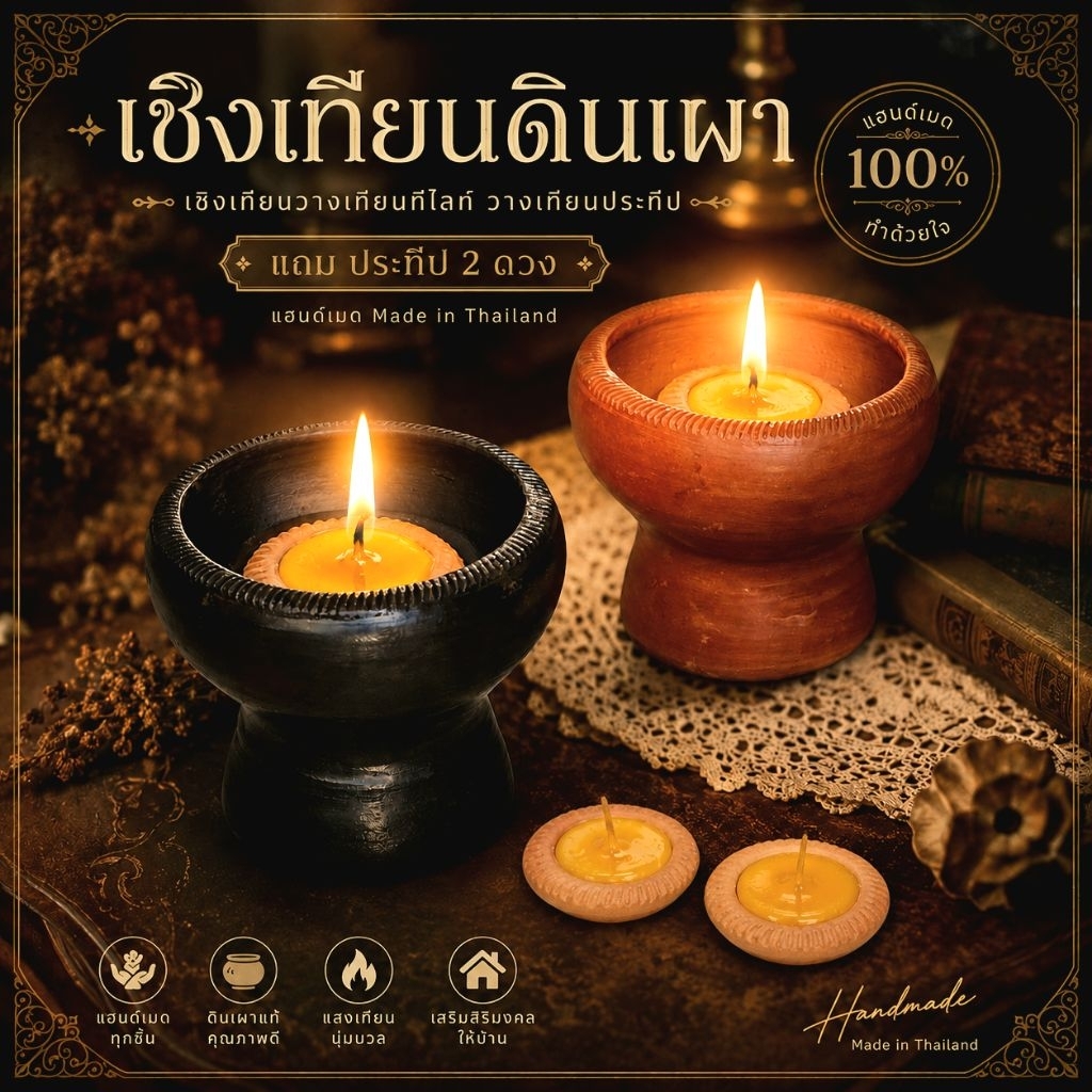 เชิงเทียน สำหรับวางเทียนทีไลท์ วางประทีป แถมประทีป 2 ดวง