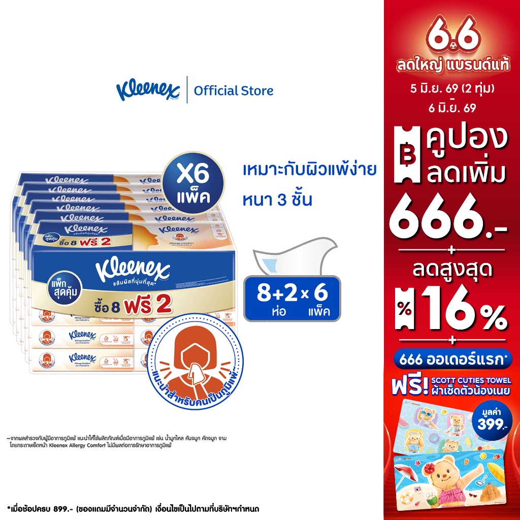 คลีเน็กซ์ กระดาษเช็ดหน้า หนา 3 ชั้น เอเลอร์จี คอมฟอร์ท ซอฟท์เคส 54 แผ่น 8+2 ห่อ x6 แพ็ก รวม 60 ห่อ