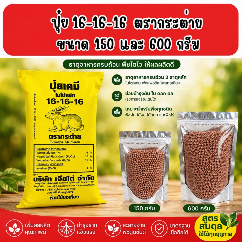 ปุ๋ยสูตรเสมอ 16-16-16 ตรากระต่าย แบบแบ่งขายขนาด 150 และ 600 กรัม ช่วยเร่งการเจริญเติบโตของพืชทุกชนิด