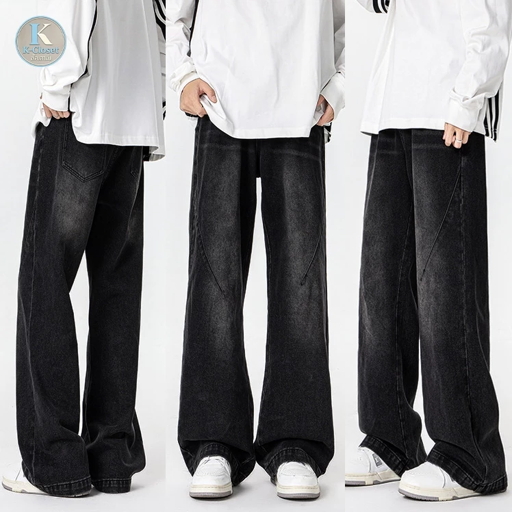 S-5XL Baggy กางเกงยีนส์ผู้ชาย เรโทร ฟอกสี ทรงตรงขากว้าง สไตล์เกาหลี