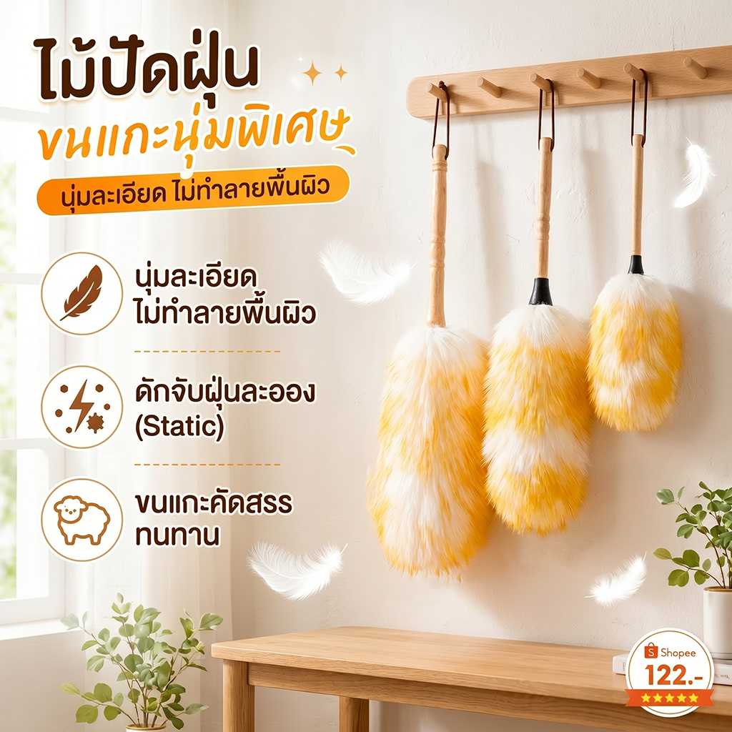 HB ไม้ปัดขนไก่ ขนหนานุ่มฟู （ด้ามไม้แขวนได้） ขนแกะคุณภาพดี คัดสรรมาอย่างดี นุ่มละเอียด เหมาะสำหรับใช้ในบ้าน