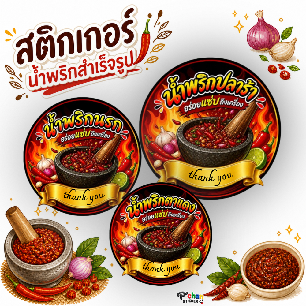 สติกเกอร์น้ำพริก โลโก้ ฉลากสินค้า (สำเร็จรูป,กันน้ำ)