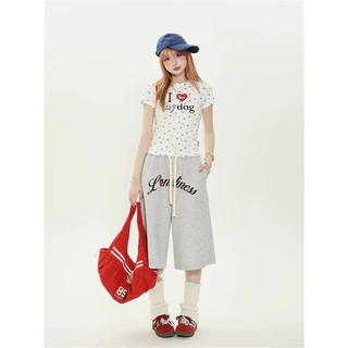[Letter printed cropped pants]สูงถนนกีฬาลมตัวอักษรพิมพ์ผู้หญิงสบาย ๆ ขากว้างกางเกงคาปรี