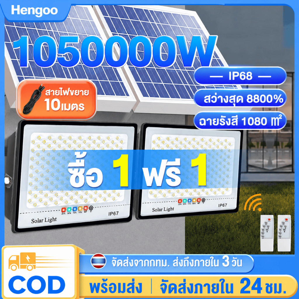 ซื้อ 1 แถม 1 ไฟโซล่าเซลล์ ไฟโซล่าเซล 1050000W โซล่าเซลล์  แสงสีขา กันน้ำ กันฟ้าผ่า IP67 ไฟกลางแจ้งพลังงานแสงอาทิตย