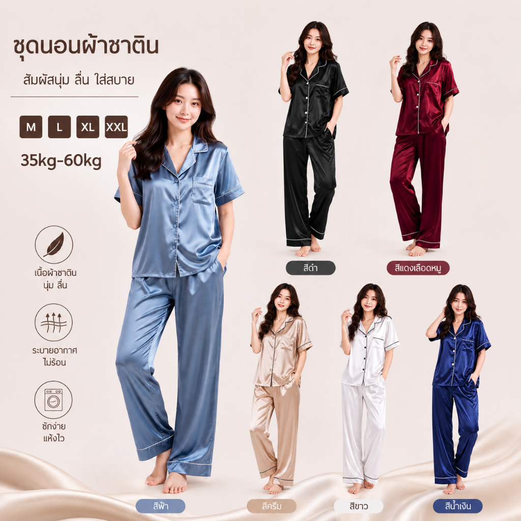 G115★ส่งจากไทย★ชุดนอน ชุดนอนผ้าซาติน ชุดนอนซาตินแขนสั้นขายาว สีพื้น ชาย-หญิง M-2XL มี 10 สี🔥