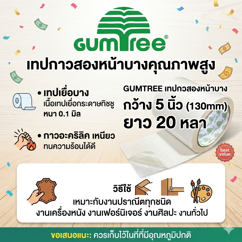 เทปกาวสองหน้าบาง กว้าง 5 นิ้ว130mm 20 หลา GUMTREE