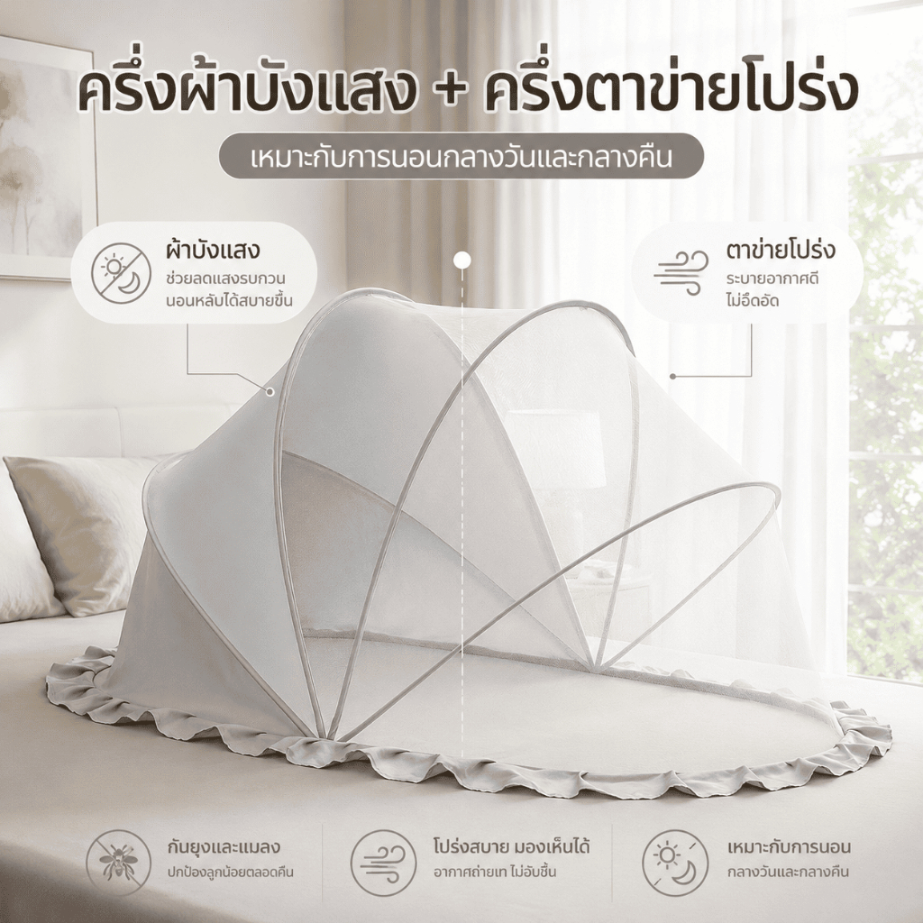 มุ้งกันยุงสำหรับเตียงเด็ก กันยุง100% ระบายอากาศดี มีด้านบังแสง ปกติงดูด