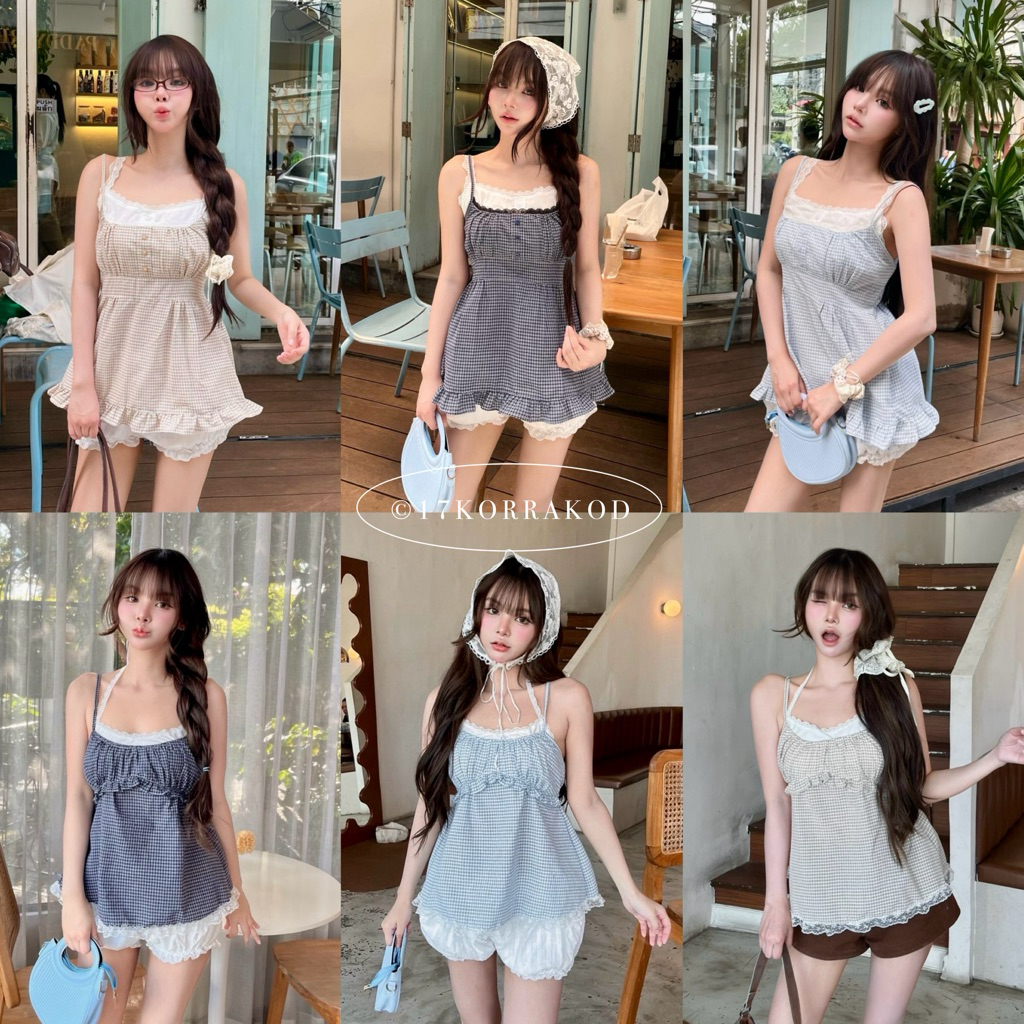 🌻เสื้อสายเดี่ยวแต่งเลเยอร์ชายระบาย ดีเทลสม็อคหลังสไตล์ออนนี่ คาเฟ่ น่ารักเกาหลี (Nusa Style)