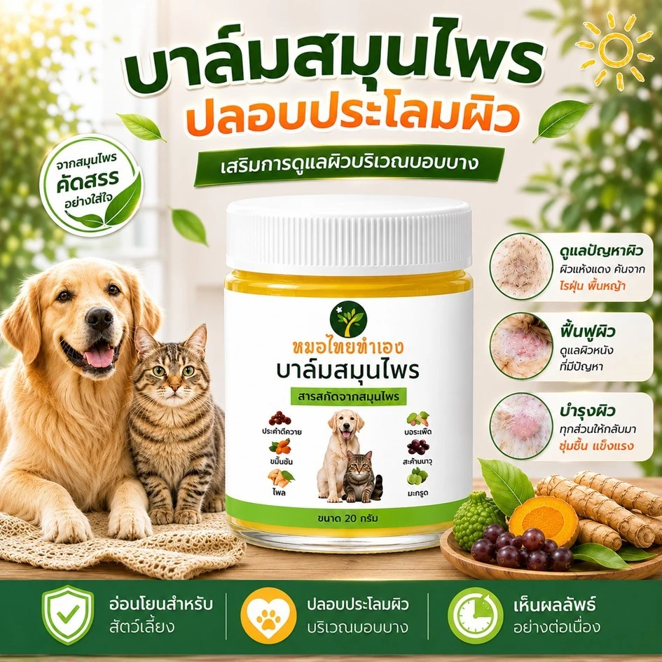 หมอไทยทำเอง บาล์มสมุนไพรดูแลผิวหนังสัตว์เลี้ยง ปลอบประโลมผิวที่มีปัญหา สำหรับสุนัข แมว 20-50 กรัม