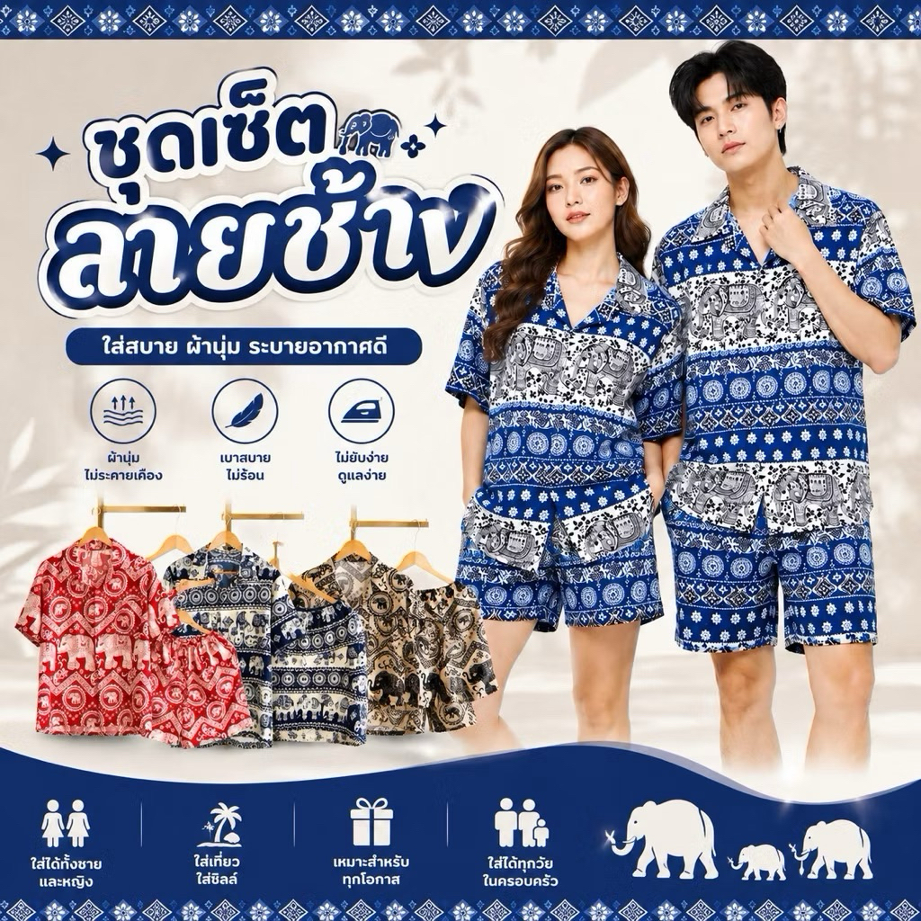 เสื้อฮาวาย+ขาสั้น ลายช้าง ลายแมวโคราช งานไทยแท้💯%