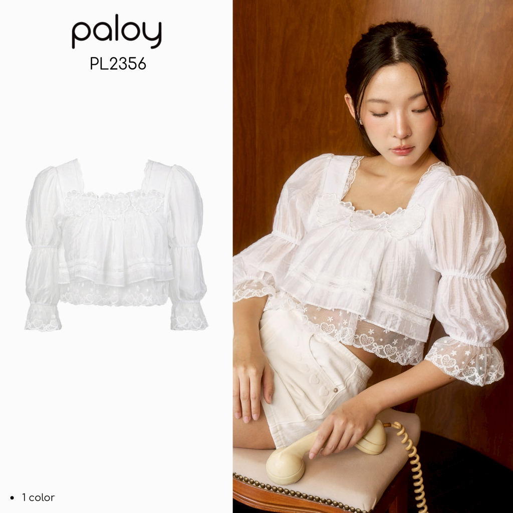 Paloy - PL2356 Triple Heart Crop Top เสื้อครอประบายแขนพอง แต่งหัวใจลูกไม้ (Known By Heart)