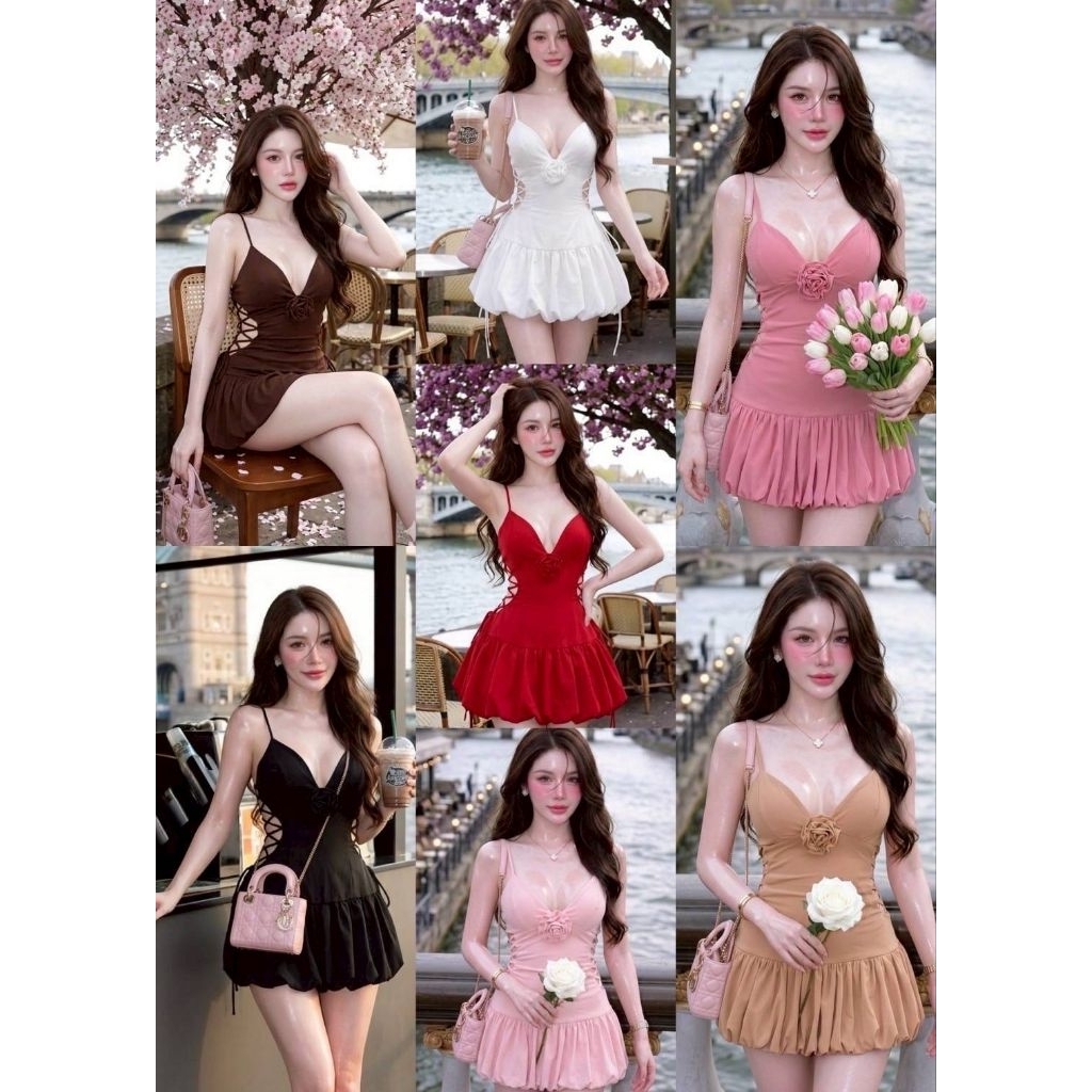 D2. เดรสสายเดี่ยวคอวีแต่งกุหลาบ แต่งดีเทลร้อยสายข้างลำตัว กระโปรงทรงบอลลูน ผ้าซีทรู เสริมฟองน้ำ ทรงสวย