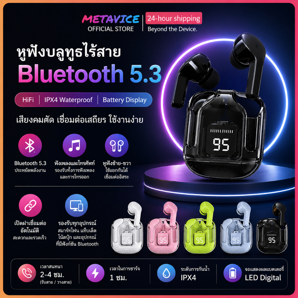 Metavice หูฟังเกมมิ่งไร้สาย Bluetooth Low Latency ENC Gaming Mode เสียง HiFi Stereo Bass ชาร์จ Type-C ME018