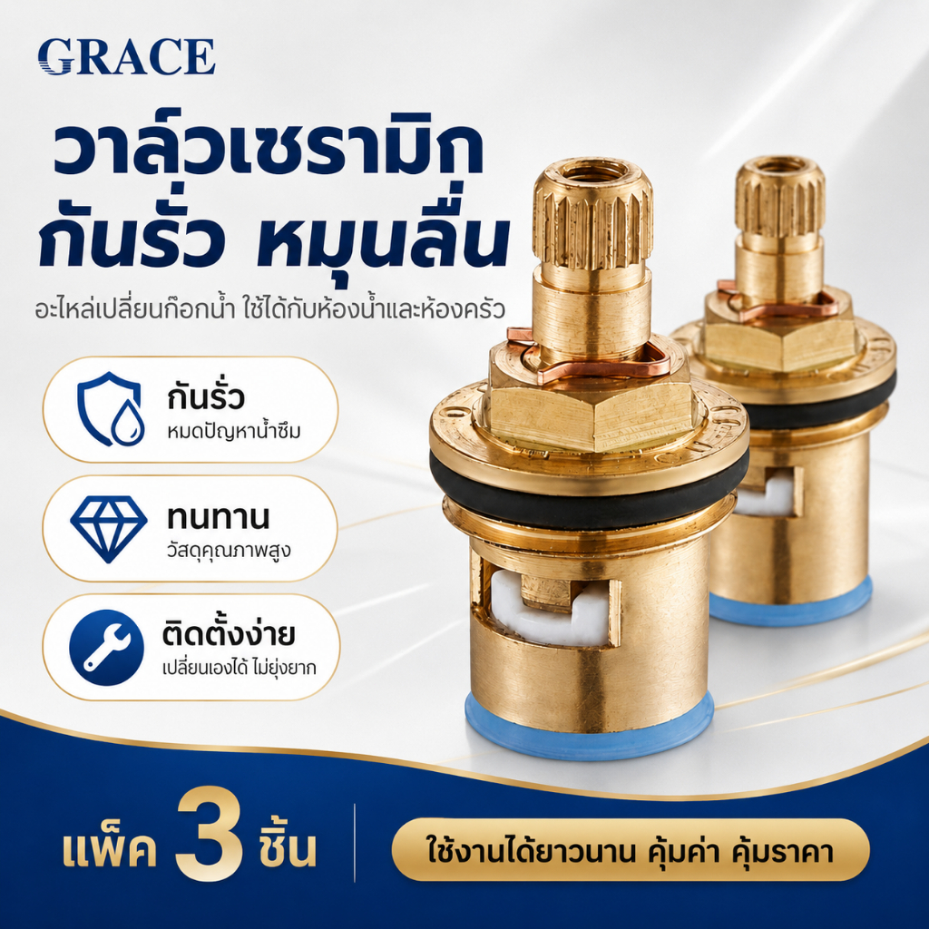 【สินค้าพร้อมส่ง】GRACE วาล์วเซรามิกแกนแท้ทองเหลือง เหมาะสำหรับก๊อกน้ำ/อ่างล้างจานในครัว/อ่างล้างหน้า COD