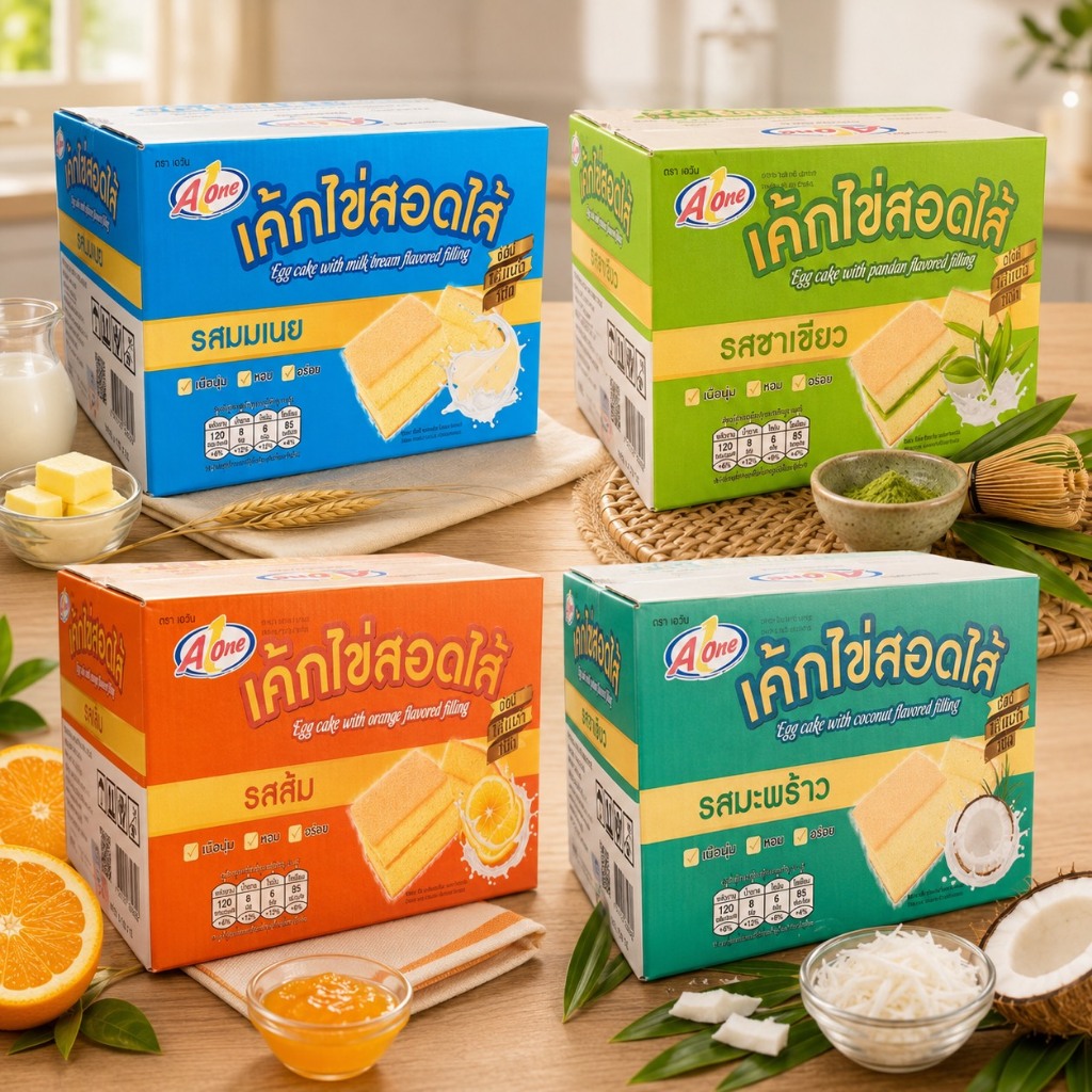 A1One เค้กไข่สอดไส้ นมเนย/ชาเขียว/มะพร้าว/ส้ม (ยกลัง 12 แพค 144 ซอง)