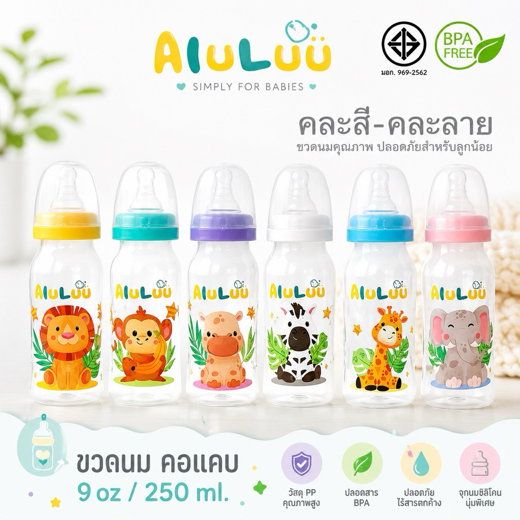 (แพ๊ค 6 ขวด ลาย B) ขวดนมคอแคบ ขนาด 9 ออนซ์ / 250 ml. คละสี-คละลาย พร้อมจุกนมปกติในขวด (***ลายและสี จะเปลี่ยนเรื่อยๆ**)