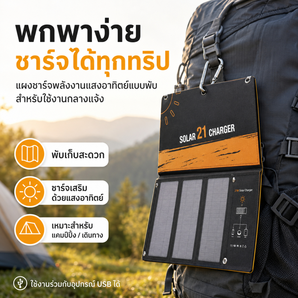 ✨ ที่ชาร์จแสงอาทิตย์ 21W พกพาได้ 2ช่อง USB ชาร์จเร็ว กันน้ำ แคมป์ปิ้ง เดินป่า ใช้งานกลางแจ้งฉุกเฉิน ราคาถูก Shopee Lazada