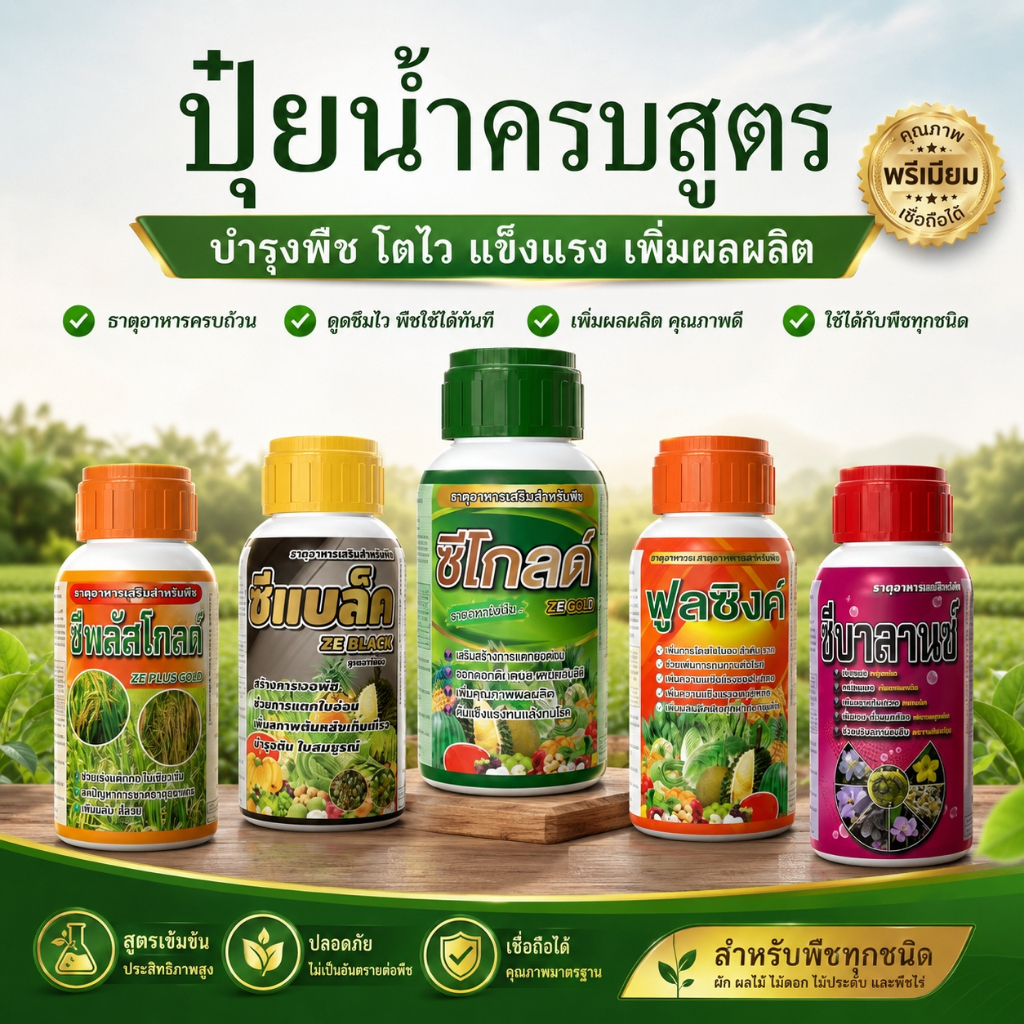 ปุ๋ยน้ำครบสูตร 5 สูตร สำหรับพืชทุกชนิด บำรุงต้น บำรุงราก เร่งดอก เพิ่มผลผลิต ฟื้นต้นโทรม ใช้ได้ทั้งผัก ไม้ผล และพืชไร