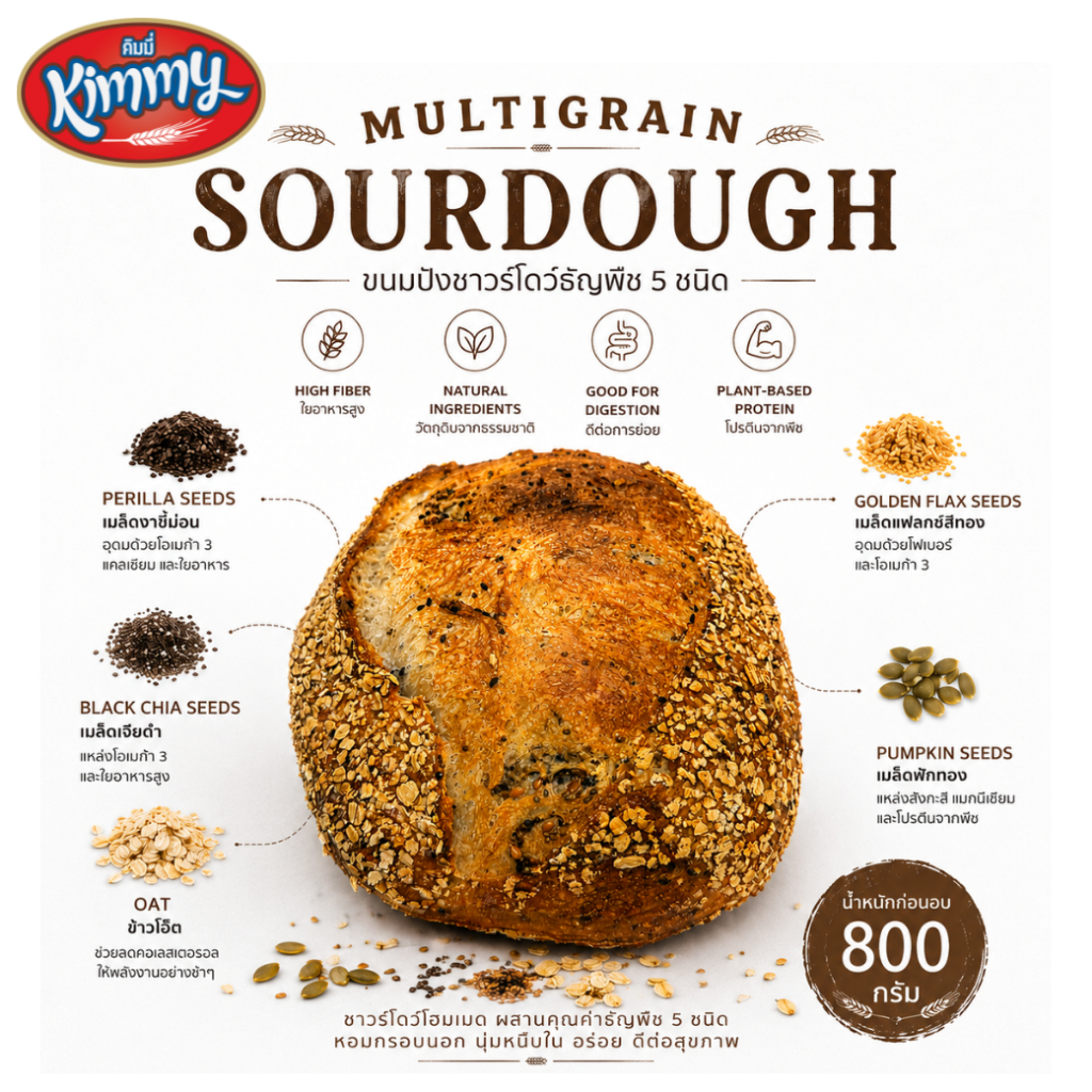 Kimmy Multigrain Sourdough ขนมปังซาวโดวจ์ธัญพืชฮาลาล 800 กรัม สูตรหมักธรรมชาติ อุดมด้วยธัญพืช