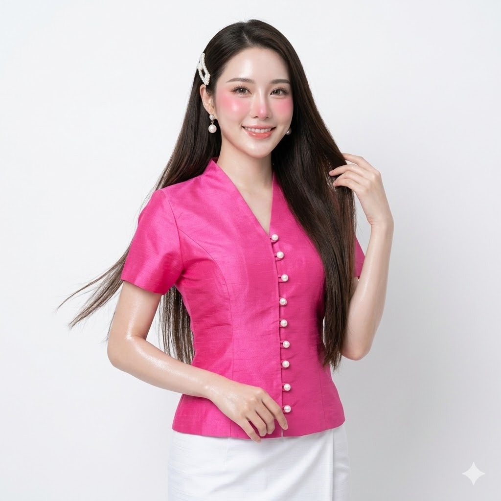 เสื้อไหมสี่เส้น รหัส CD งานอัดกาว ทรงสุภาพ คอวีพรางหุ่น แขนสั้น กระดุมมุก พลัสไซส์ อก 34-48 นิ้ว ใส่ทำงาน ทำบุญ