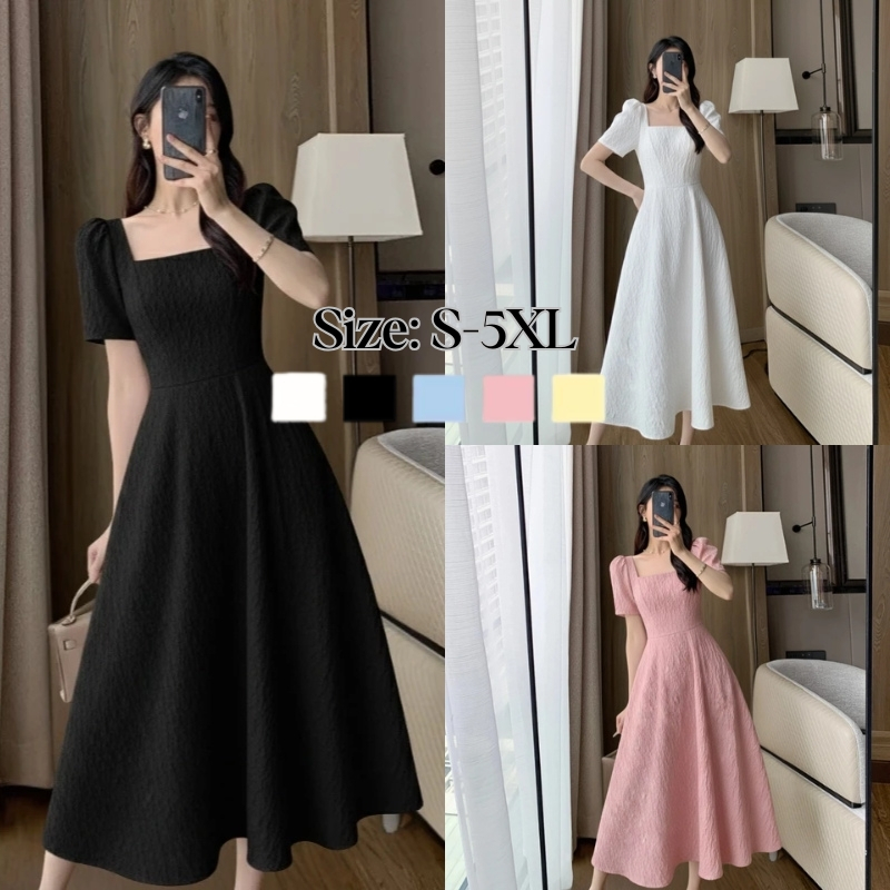 【S-5XL】 เดรสยาวสไตล์ฝรั่งเศส สีพื้น ทรงเอ คอเหลี่ยม ใส่แล้วดูเพรียว เรียบหรู เดรสสาวอวบ พลัสไซซ์