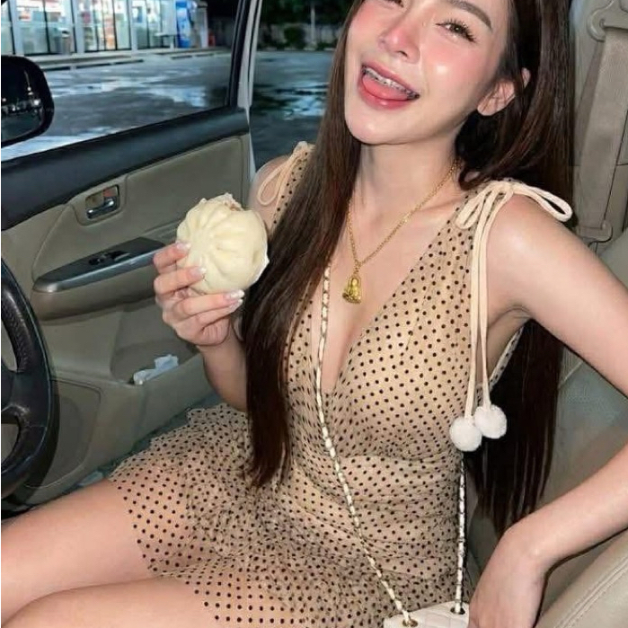 Y91 เดรสมุ้งลายจุดระบายฟรุ้งฟริ้ง งานคัตติ้วเนี๊ยบ อกมีฟองน้ำ