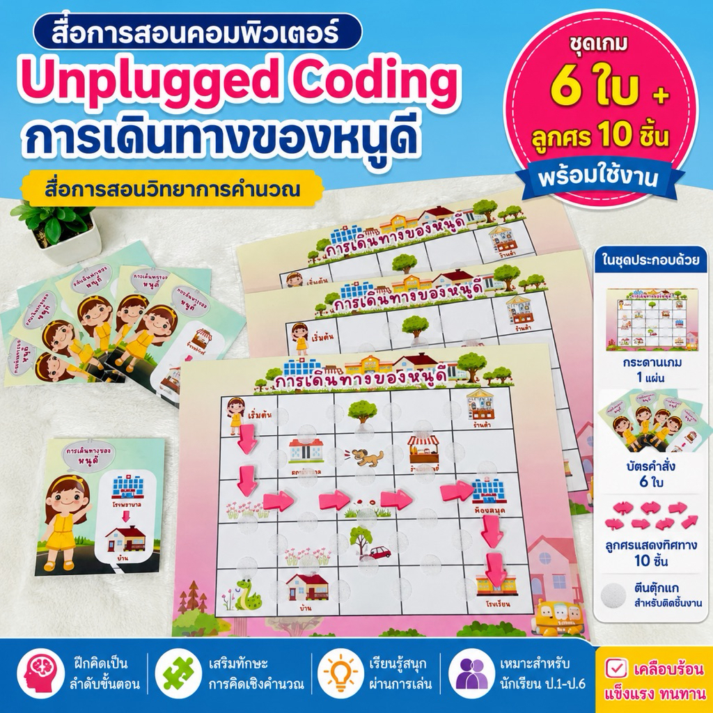 สื่อการสอนวิทยาการคำนวณ สื่อการสอนคอมพิวเตอร์ Unplugged Coding เกมการเดินทางของหนูดี ฝึกอัลกอริทึมและการคิดเชิงคำนวณ