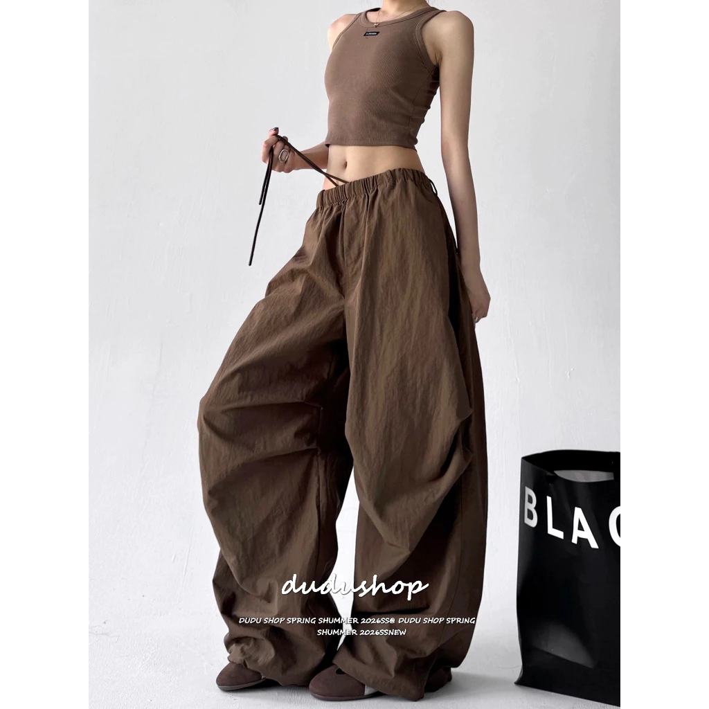 [Summer quick drying fabric, casual pants]สไตล์อเมริกันวินเทจผู้หญิงสีทึบแจ๊สเต้นลำลองกางเกงขากว้าง