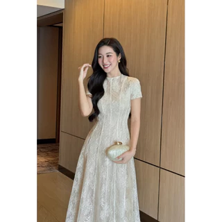 G434 เดรสลูกไม้สีครีม เดรสออกงานผู้หญิง เดรสยาวทรงเอ แขนสั้น