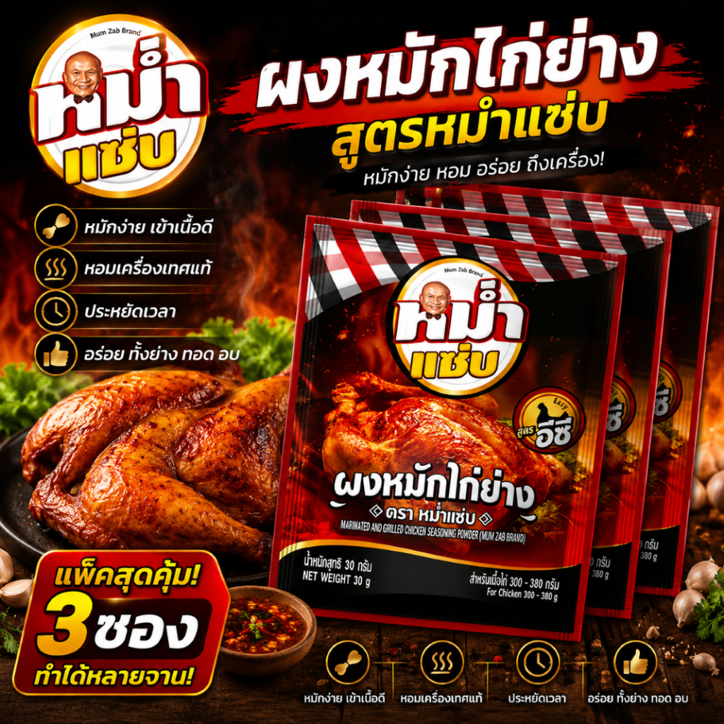 ผงหมักไก่ย่าง ตราหม่ำแซ่บ ใช้ได้กับไก่ทั้งตัว น่อง ปีก อก