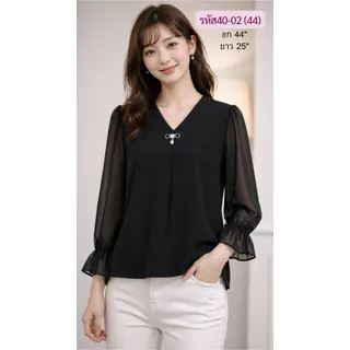 เสื้อดำแฟชั่น ผ้าฮานาโกะ ซีฟอง งานปักเรียบหรู ทรงสุภาพ ใส่ได้ทุกโอกาส
