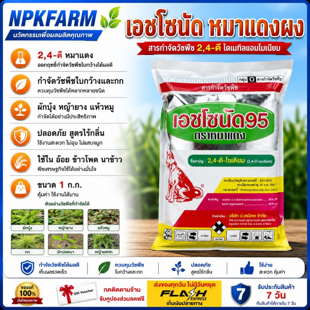 หมาแดงผง เอชโซนัด 95 [ขนาด 1 กิโลกรัม ] กำจัดหญ้าใบกว้าง ผักบุ้ง หญ้ายาง จอก แหน สาบเสือ กก ในนาข้าว