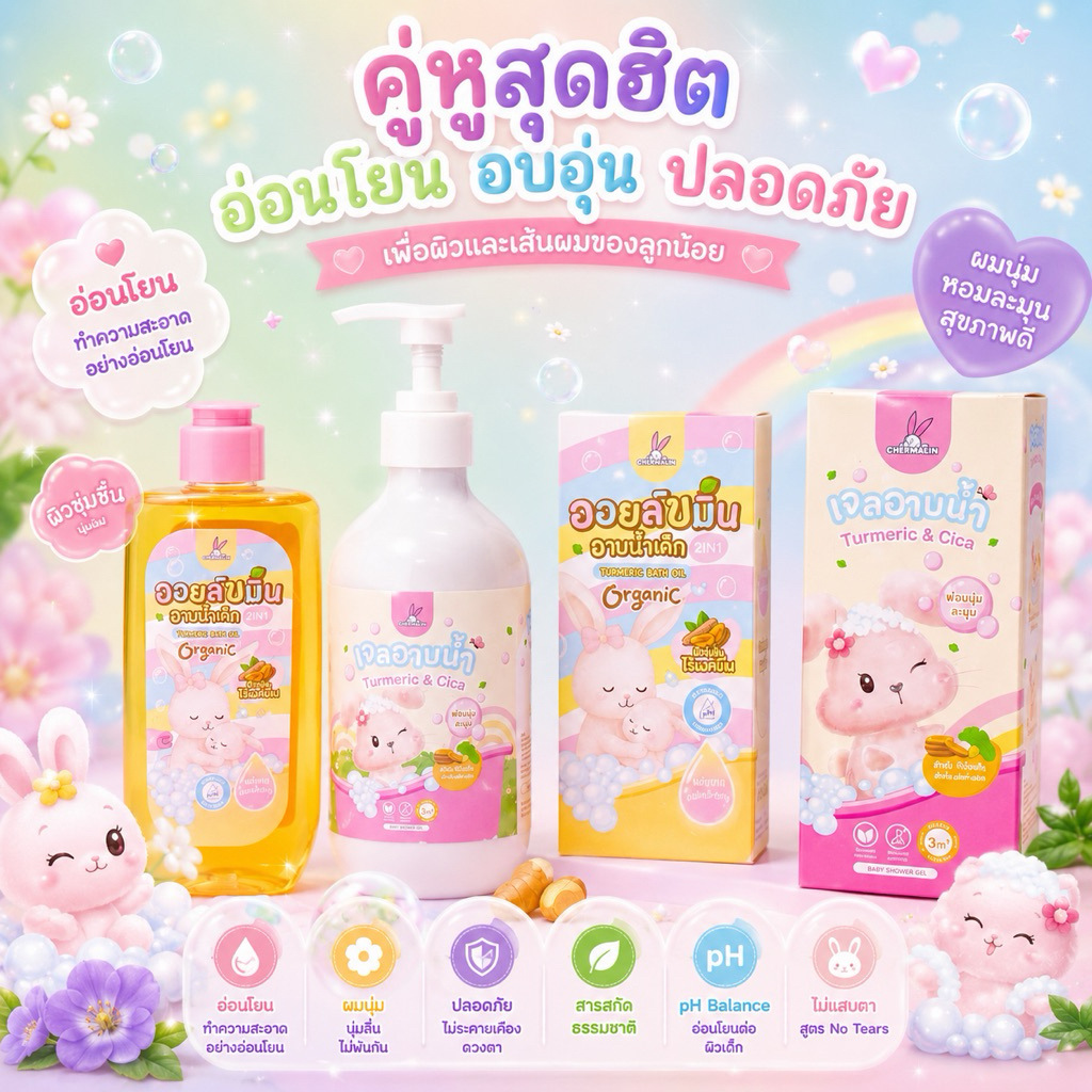 Set คู่ - เจลอาบน้ำเด็ก 450 ml.+ ออยล์อาบน้ำเด็ก 250 ml. ผิวนุ่ม ผิวสวย ชุ่มชื้น สำหรับผิวเเพ้ง่าย