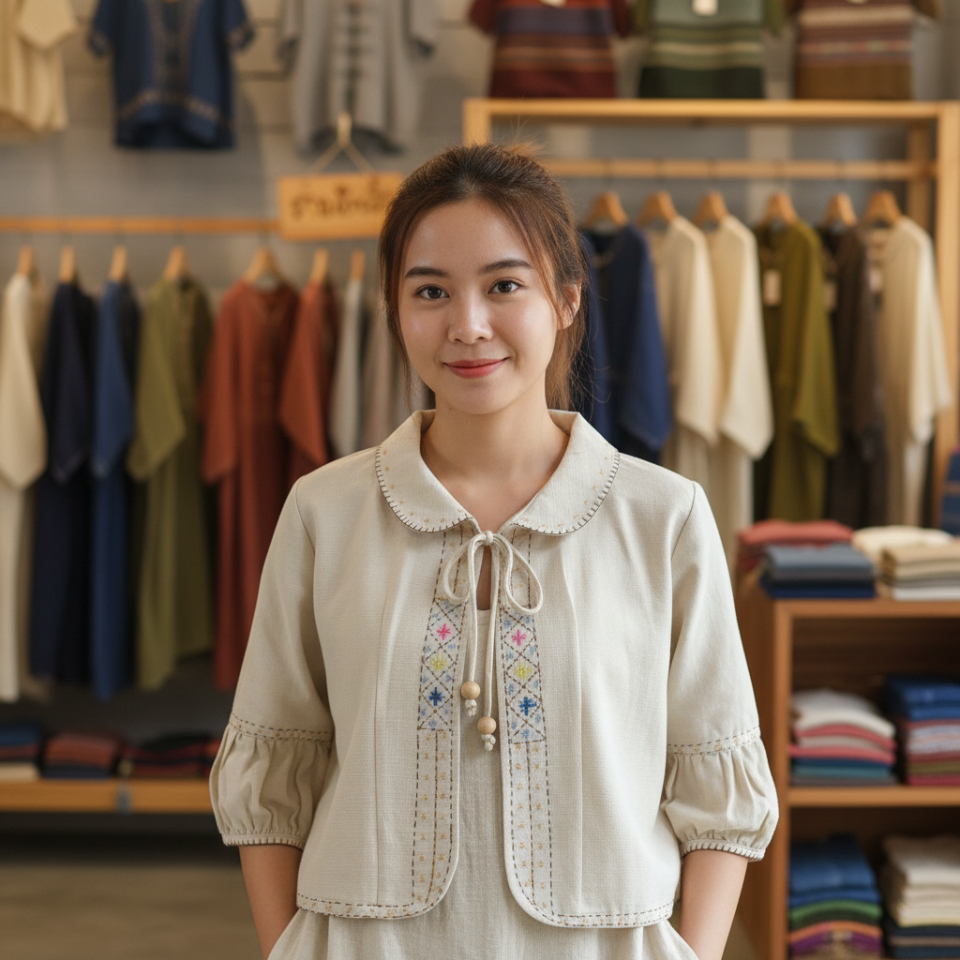 เสื้อคลุมผ้าฝ้าย คอบัว แขนกระดิ่ง งานปักมือผสมงานคัตเวิร์ค ตามแบบฉบับชาวล้านนา สวมใส่คลุมทับเสื้อนอกสบายๆ ได้ทุกโอกาส
