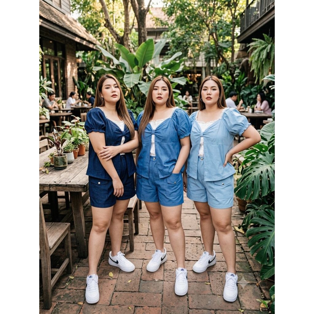 J4013 เสื้อแขนตุ๊กตา+กระกางเกงเอวยางยืดหลัง เนื้อยีนส์ แต่งผ้าครัสสีขาว  แต่งลูกไม้  รอบอก 40-50 นิ้ว