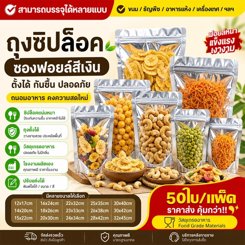 ถุงฟอยด์สีเงิน ตั้งได้ มาตรฐานอาหาร กันน้ำกันฝุ่น ช่องมองเห็น มีซิปซีล หลากหลายขนาด ใส่ขนมได้ 50 ใบต่อชุด