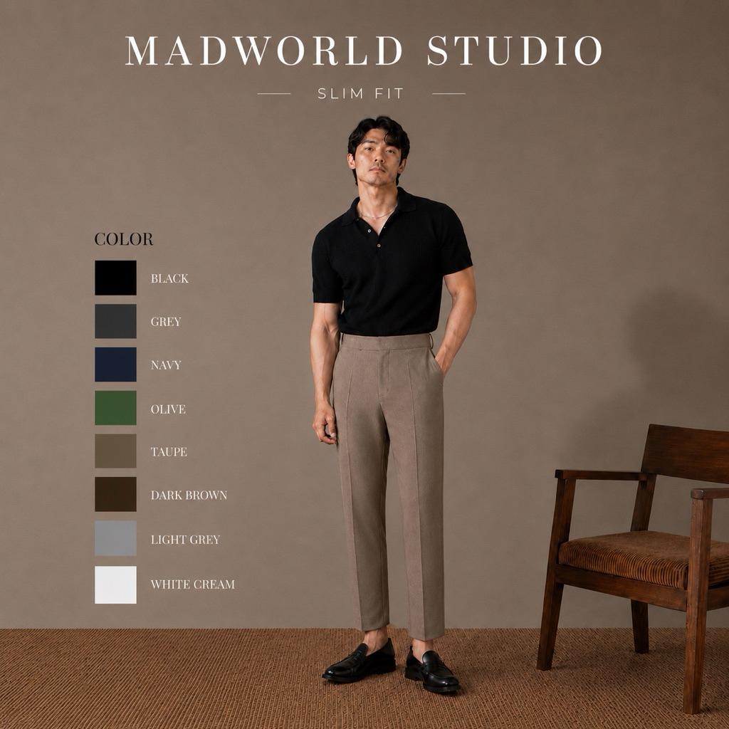 MADWORLD STUDIO / SLIM FIT  TROUSERS  กางเกงทรงกระบอกเล็กเอวกลางปลายขาเต่อ เหมาะกับคนชอบขาเต่อ