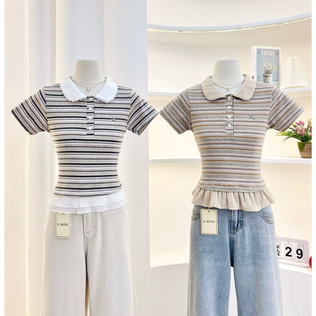 G-rose เสื้อเชิ้ตลายริ้ว แต่งชาย2ชั้นสีพื้น