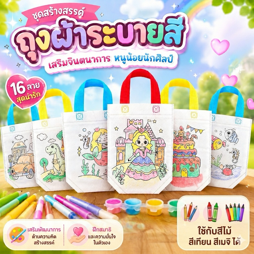 ถุงผ้าระบายสี กระเป๋าผ้าระบายสี ระบายสีถุงผ้า ระบายสีเด็ก ศิลปะสำหรับเด็ก ศิลปะงานประดิษฐ์ เสริมพัฒนาการเด็ก ของเล่น DIY