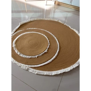 พรมกลมสีกากีขอบขาว 40cm 60cm 100cm พรมปูพื้นกลม เชือกฝ้าย พรมมินิมอลสไตล์ Muji พรมตกแต่งห้อง ขอบพู่ พรมปูห้องนั่งเล่น ห้