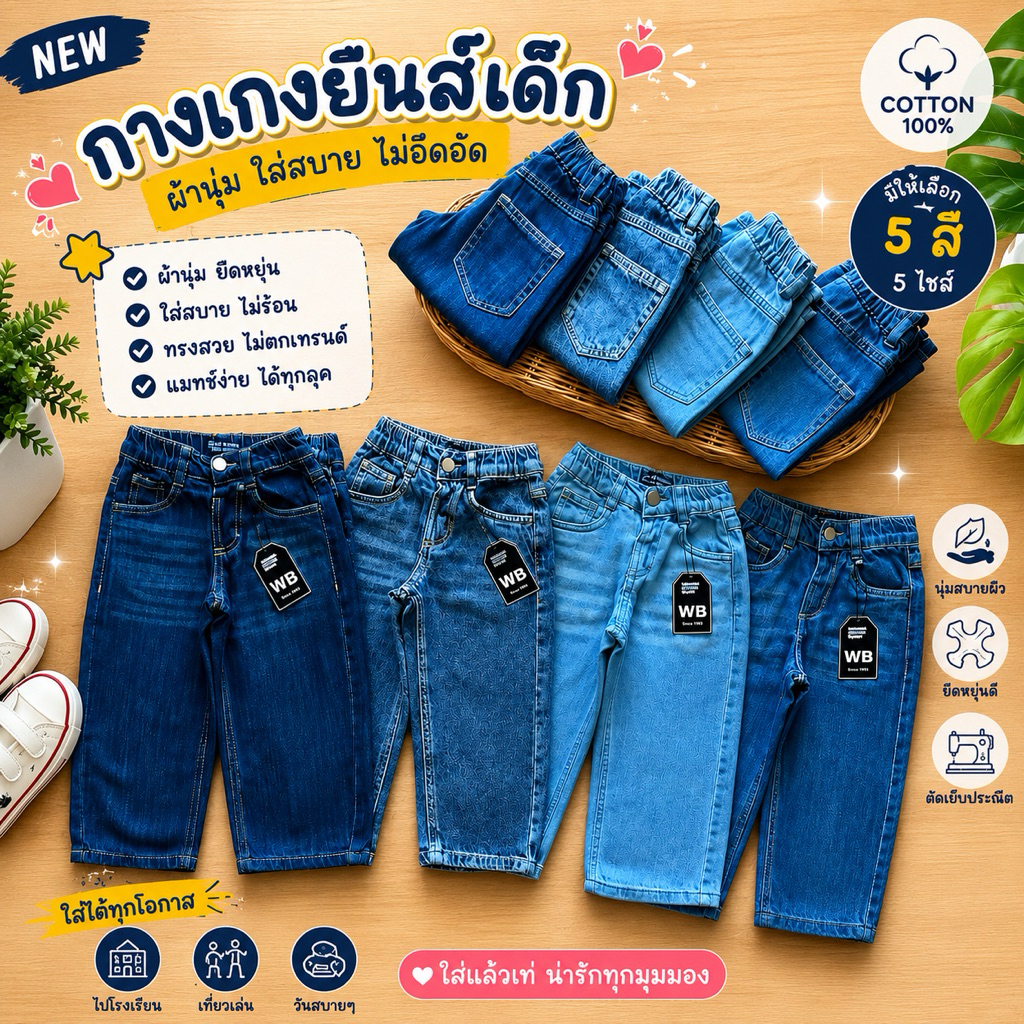กางเกงยีนเอวยาง ทรงกระบอก Baggy WB 2-12Y🔰สินค้าคุณภาพดี📌(ส่งจากไทย)