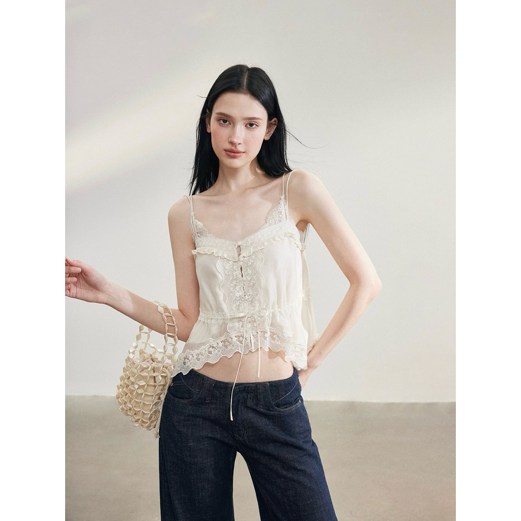 Matin Gris Tencel Heavy Lace Trim Camisole Cream Beige Vest
