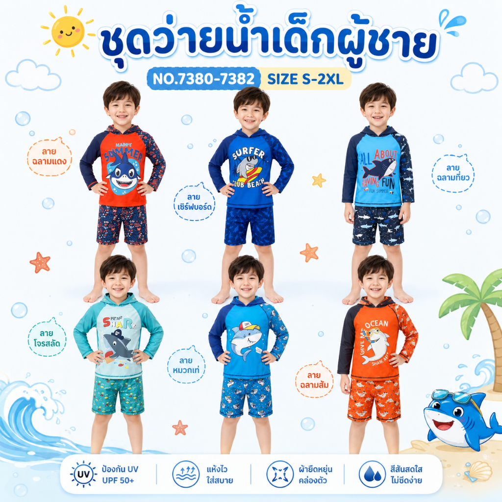🦕ชุดว่ายน้ำเด็ก แขนยาว  ขาสั้น พร้อมหมวกเข้าเซท กันแดด #7380 7381 7382