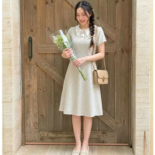 PNK046✨ Kathy Dress เดรสแขนสั้น คอปก ผูกโบว์ กระดุมหน้า ผ้าทวีต สุภาพ ดูดี ลุคทำงาน Pinky Dressy