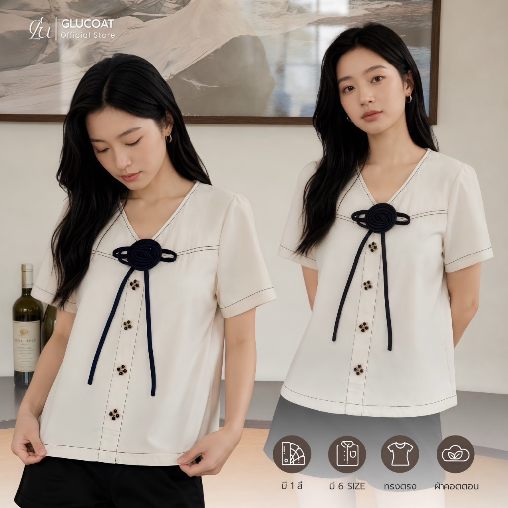 Glucoat | [A629] เสื้อคอวีเเขนสั้น แต่งเข็มกลัดโบว์ดอกไม้ กระดุมหน้าแต่ง มีซิปหลังยาว